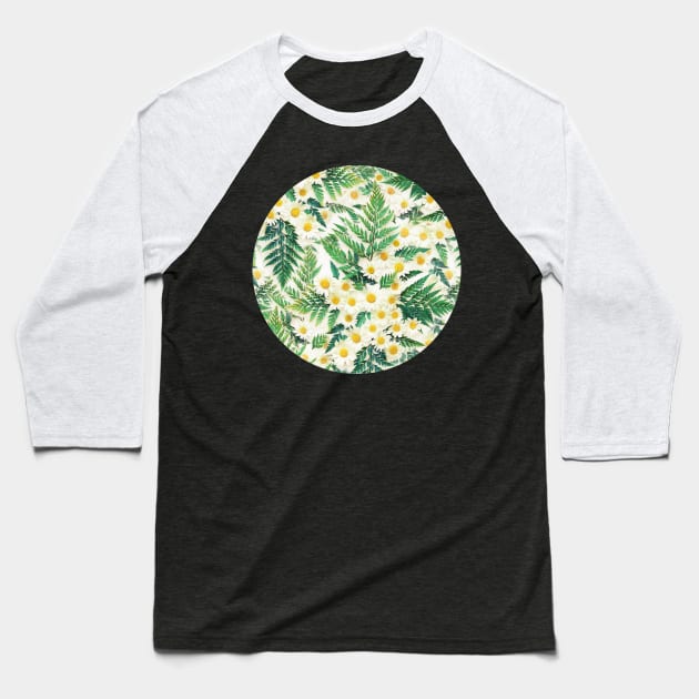 Textured Vintage Daisy and Fern Pattern Baseball T-Shirt by micklyn